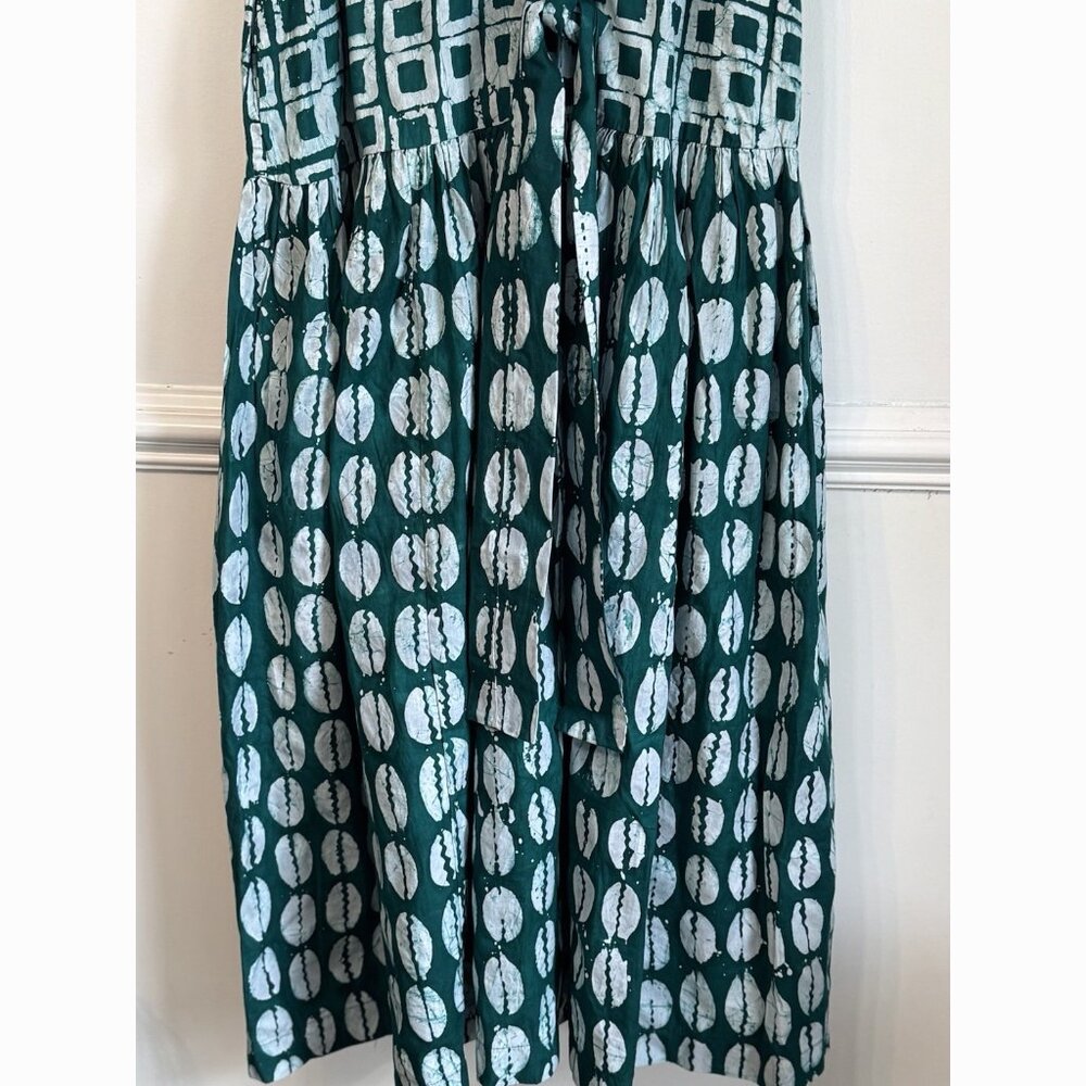 Zanaani Toyin Geometric Print Maxi Dress Sz Large Teal Green Mock Neck Pockets - Picture 11 of 14
